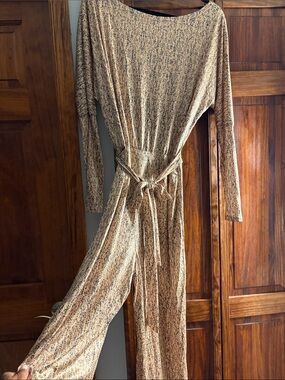 Long Sleeve Jumpsuit with Waist Tie in Neutral Speckle